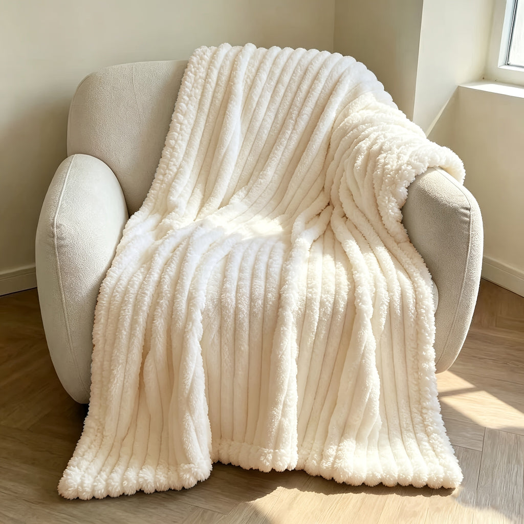 Cream faux fur throw blanket covering a cream armchair.