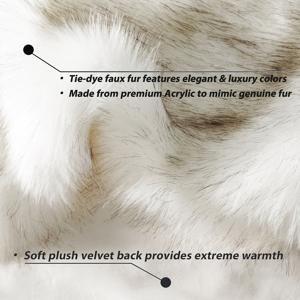 Detail image of white tipped faux fur and velvet backing with text callouts.