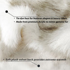 Detail image of white tipped faux fur and velvet backing with text callouts.