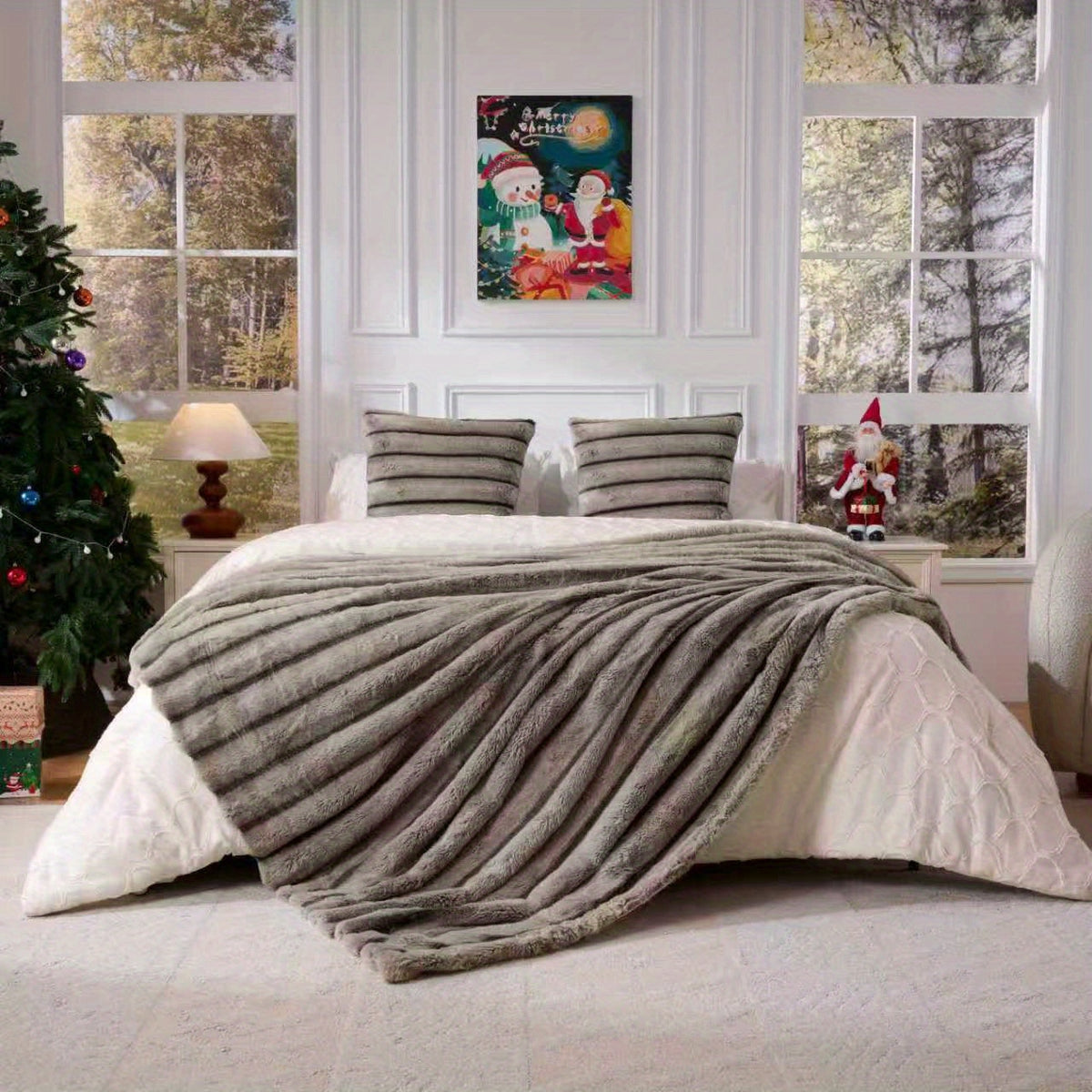 Brown ribbed faux fur blanket spread across a bed.