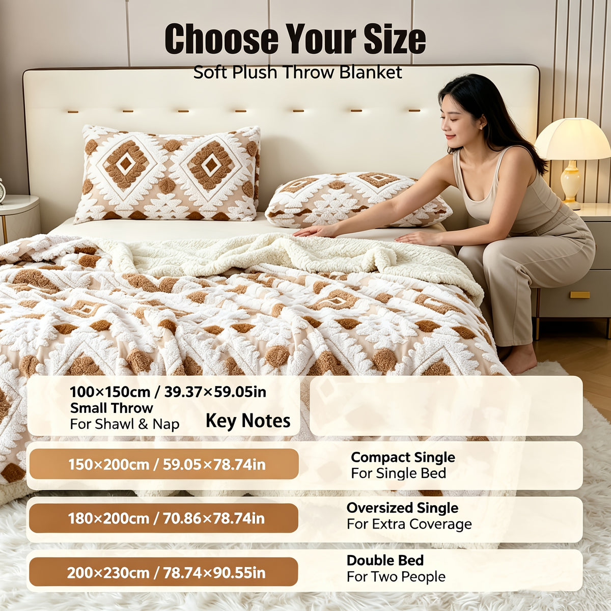Size guide for a diamond patterned blanket in four sizes.