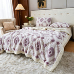 Purple and white diamond patterned faux fur blanket spread across a bed.
