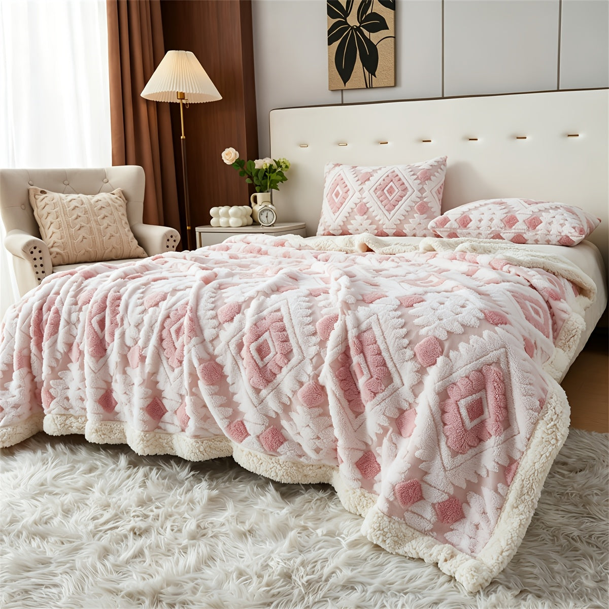 Pink and white diamond patterned faux fur blanket spread across a bed.
