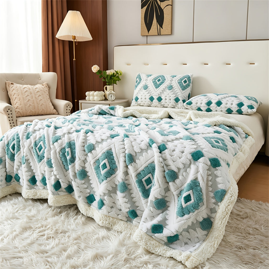 Teal and white diamond patterned faux fur blanket spread across a bed.