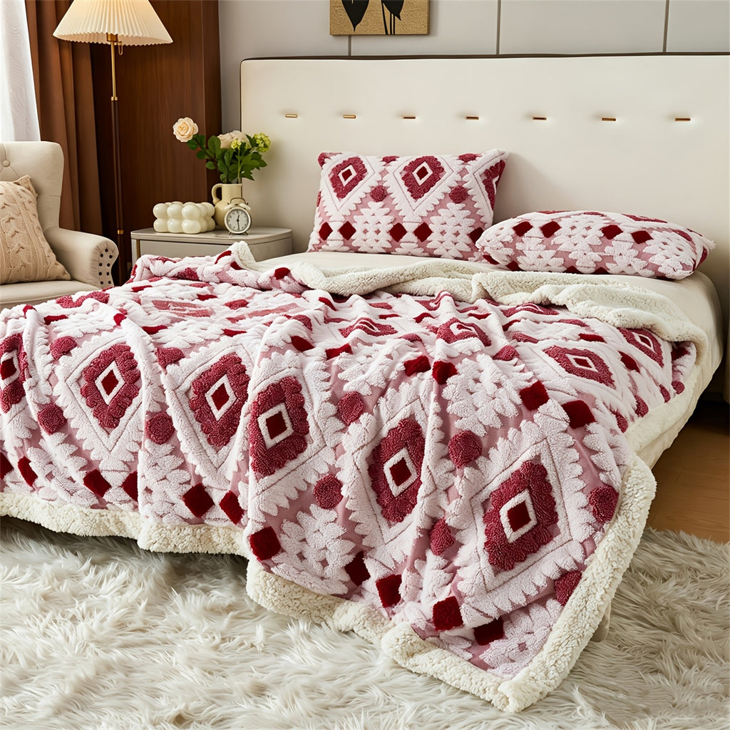 Red and white diamond patterned faux fur blanket spread across a bed.