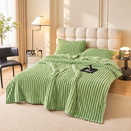 Faux Rabbit Fur Throw Blanket | Green Tea Striped Polyester With Plush Texture
