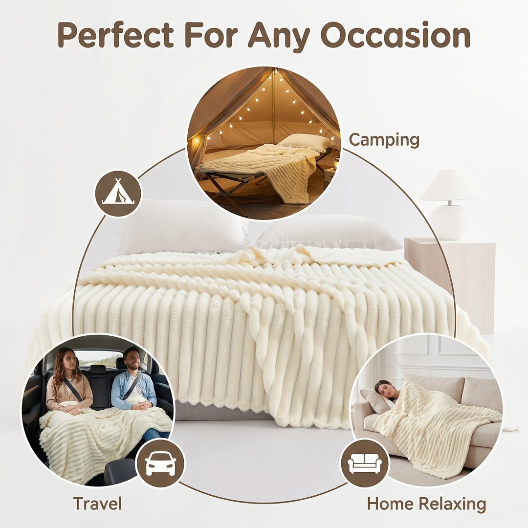 White ribbed blanket with camping, travel and home use examples.