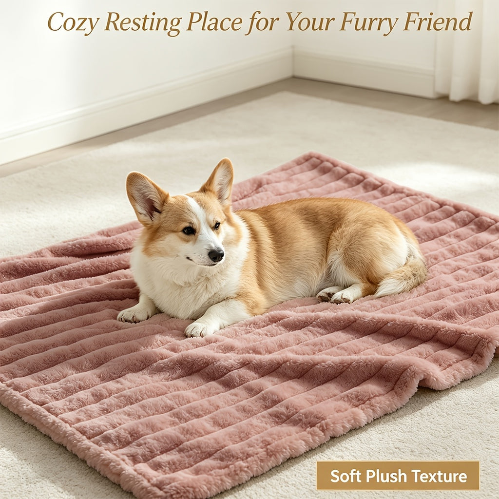 Dog resting on a pink ribbed blanket with a pet use caption.