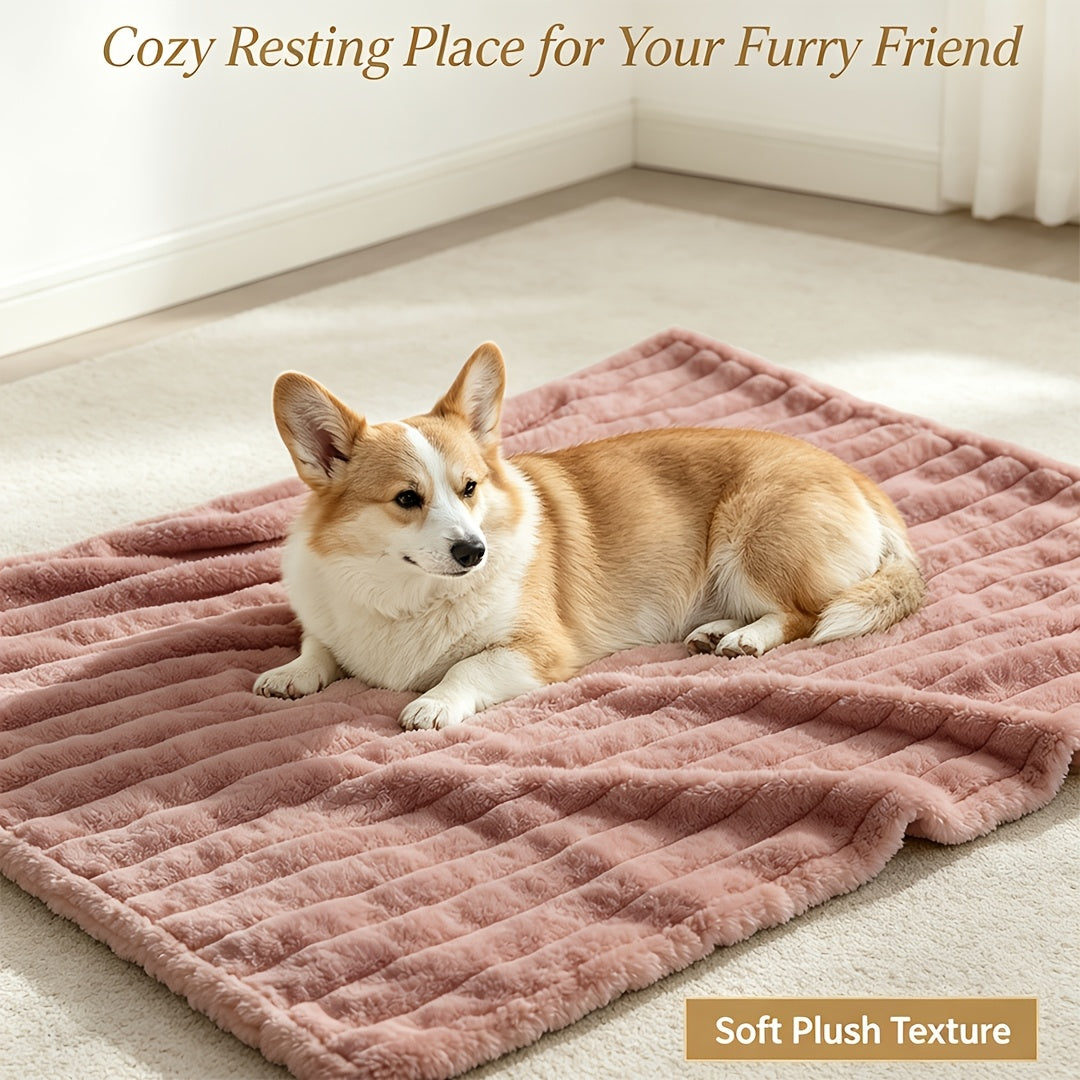 Dog resting on a pink ribbed blanket with a pet use caption.