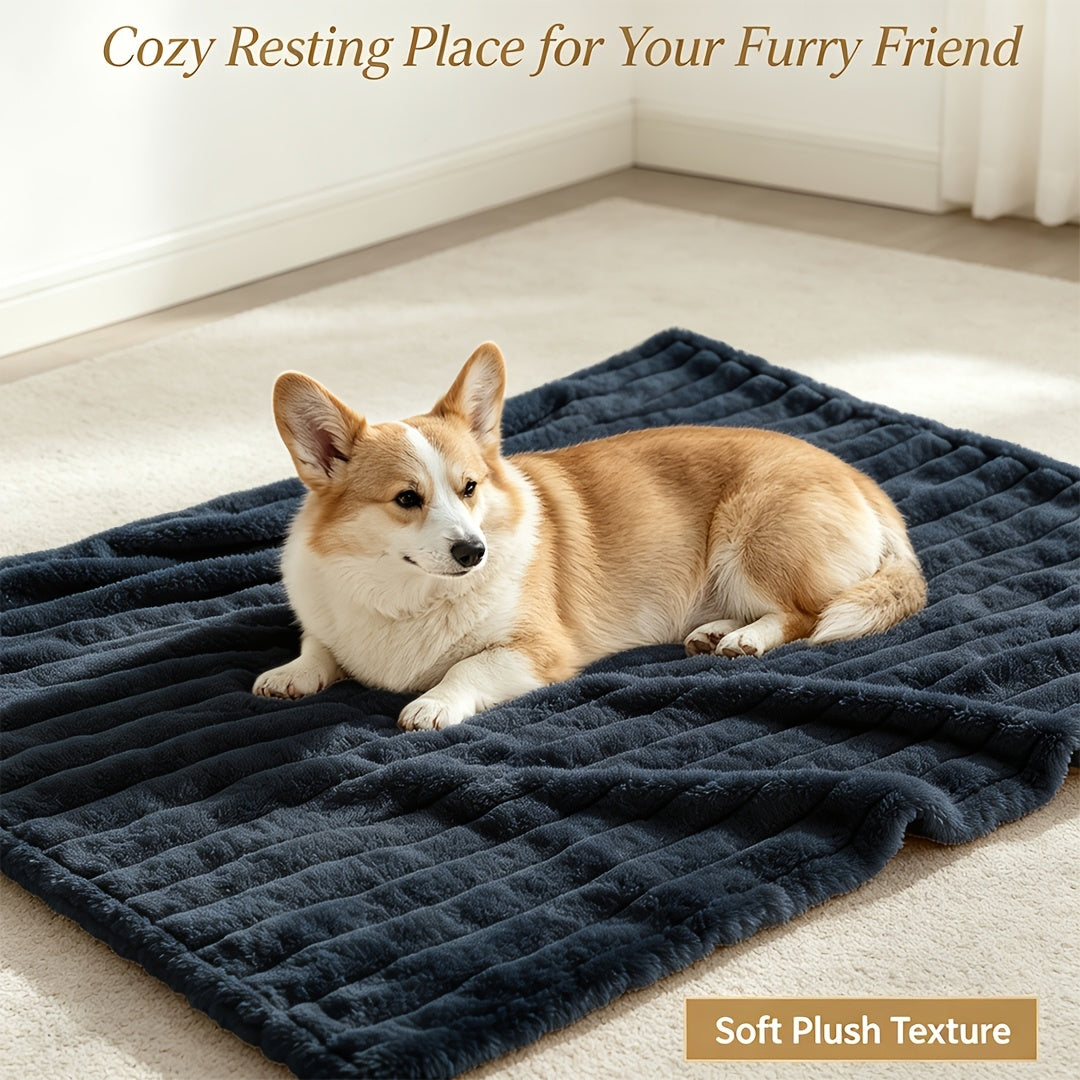Dog resting on a dark blue gray ribbed blanket with a pet use caption.