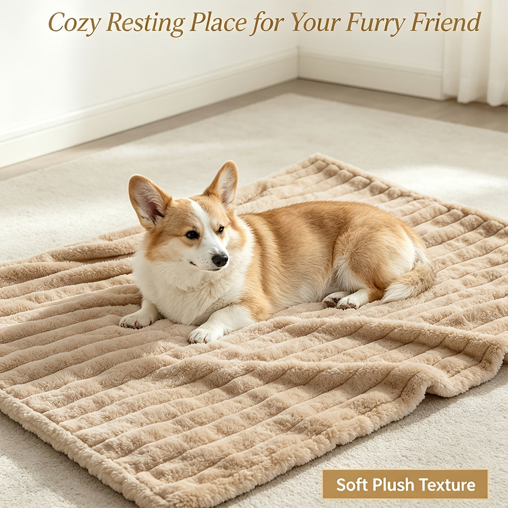 Dog resting on a khaki ribbed blanket with a pet use caption.
