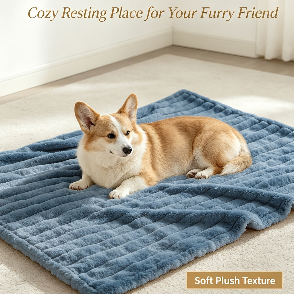 Dog resting on a blue ribbed blanket with a pet use caption.