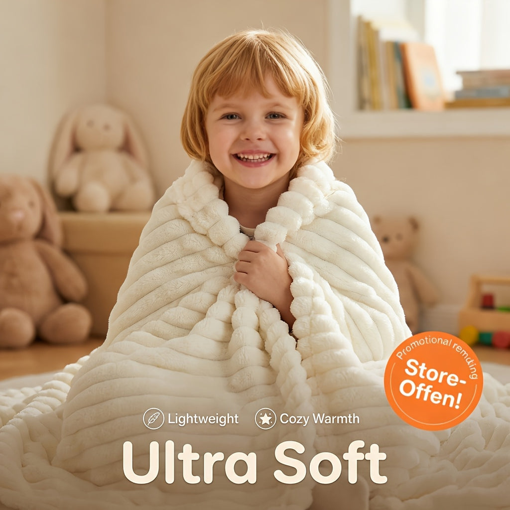 Child holding a white ribbed faux fur blanket with softness captions.