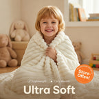 Child holding a white ribbed faux fur blanket with softness captions.