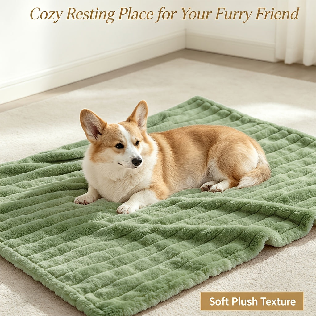 Dog resting on a green ribbed blanket with a pet use caption.