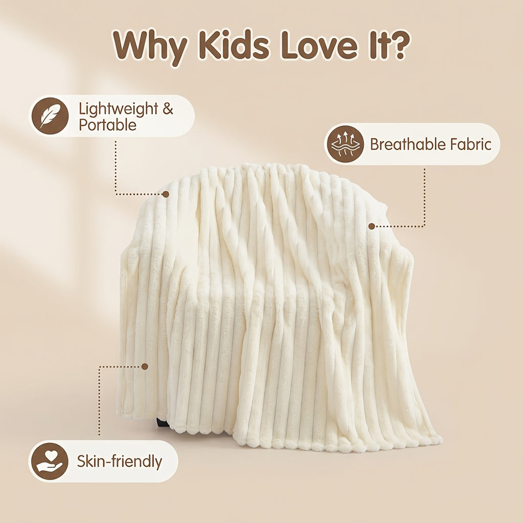 White folded ribbed blanket with feature captions for children.
