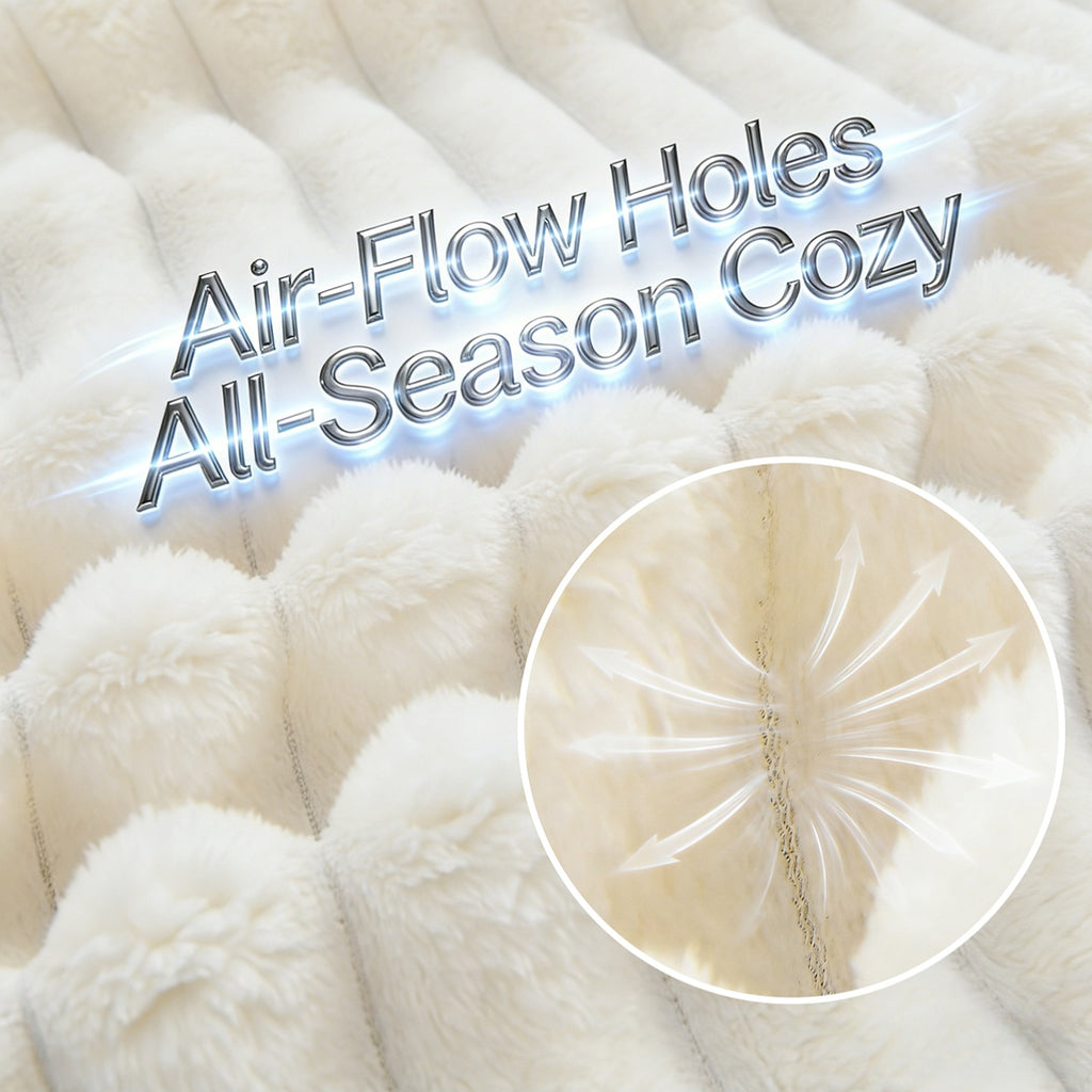 Close view of white ribbed blanket fabric with airflow captions.