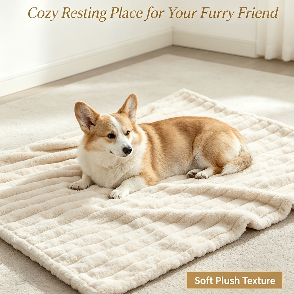 Dog resting on a cream ribbed blanket with a pet use caption.
