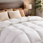 White quilted duvet on a bed with rectangular padded sections