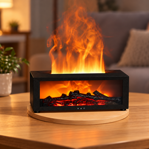 Fireplace Style Aroma Diffuser | Black Ember Display With Illuminated Mist And Remote Control