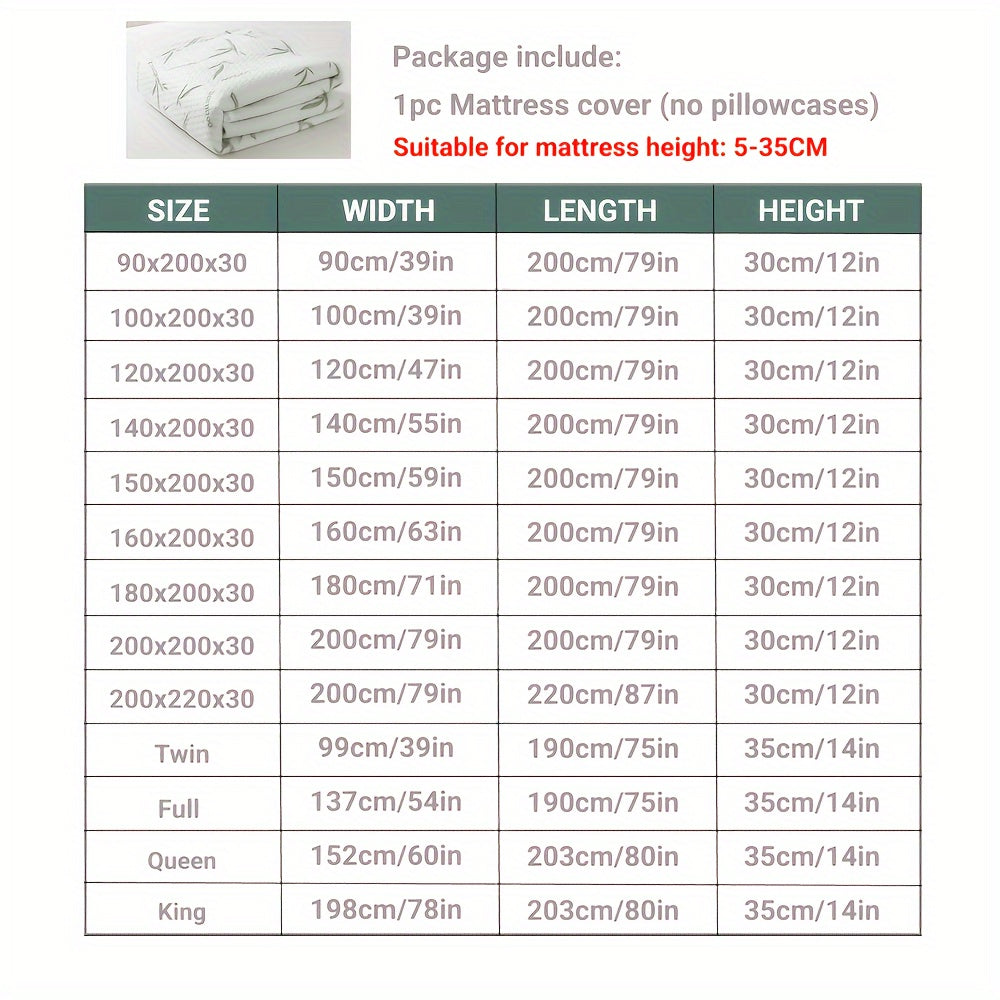 Fitted mattress protector size chart listing available measurements