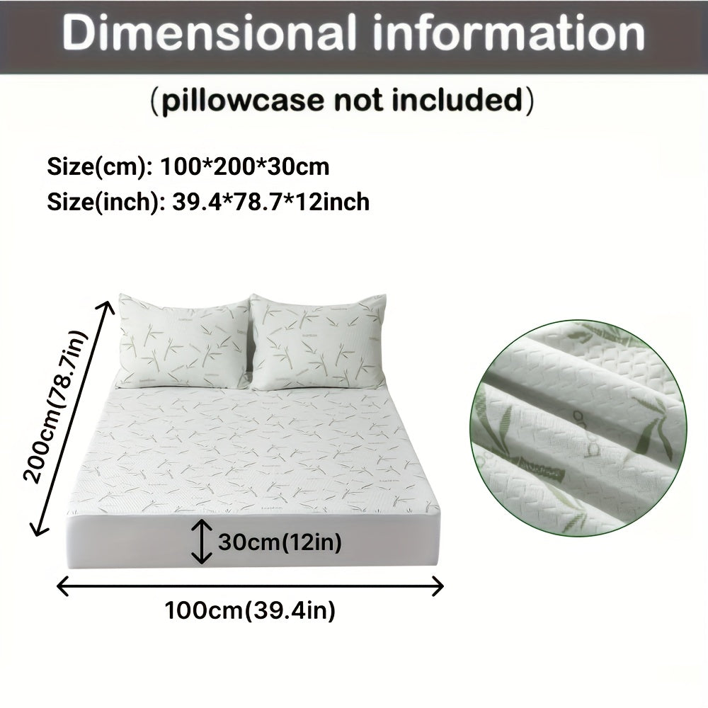 Fitted mattress protector illustrated with dimensions and a fabric detail