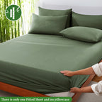 Olive green fitted sheet displayed on a bed with a bamboo graphic