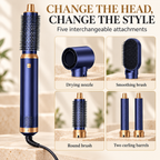 Blue and gold air styler with labeled interchangeable attachment types