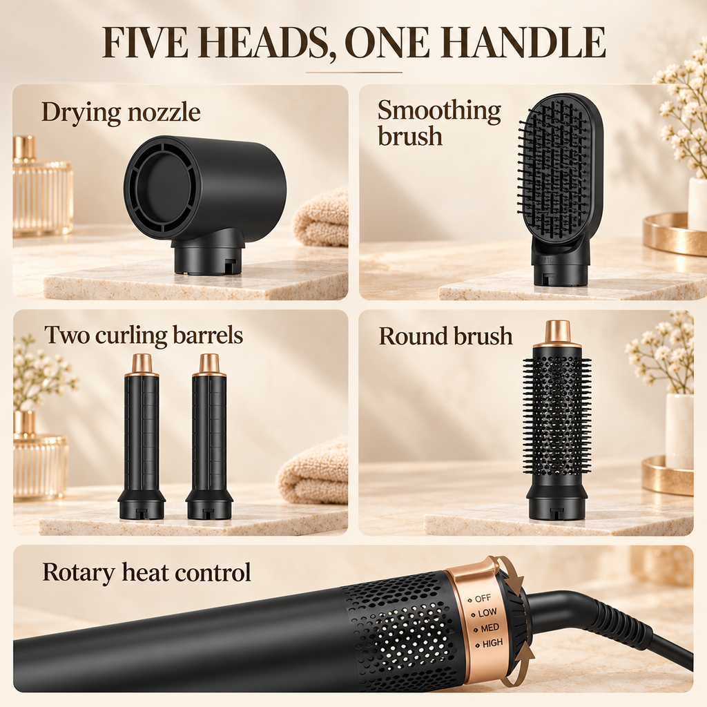 Five hair styler attachments with labeled head types and rotary control detail