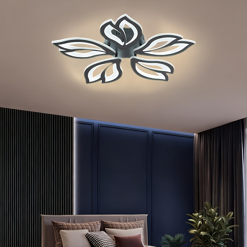 Black five petal LED ceiling light in a dark accent bedroom