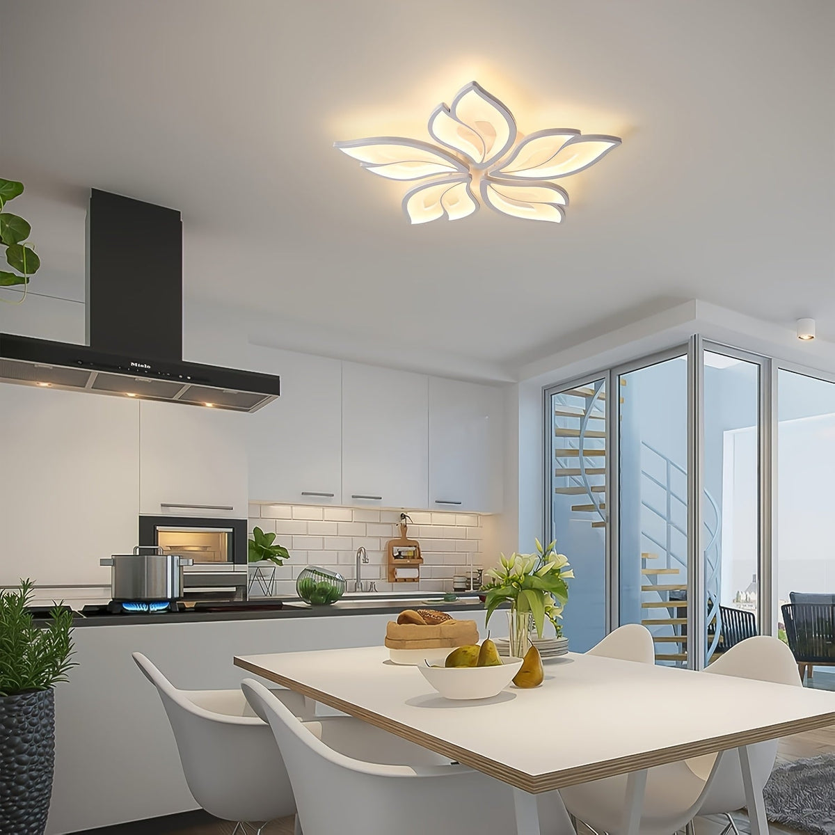 White petal ceiling light above a kitchen dining table