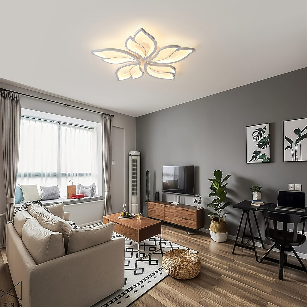 White five petal ceiling light in a furnished living room