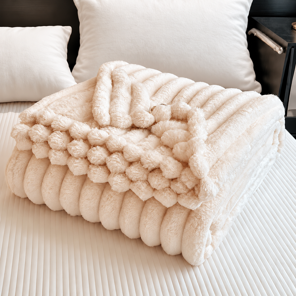 Folded white flannel throw blanket showing plush ribbed texture