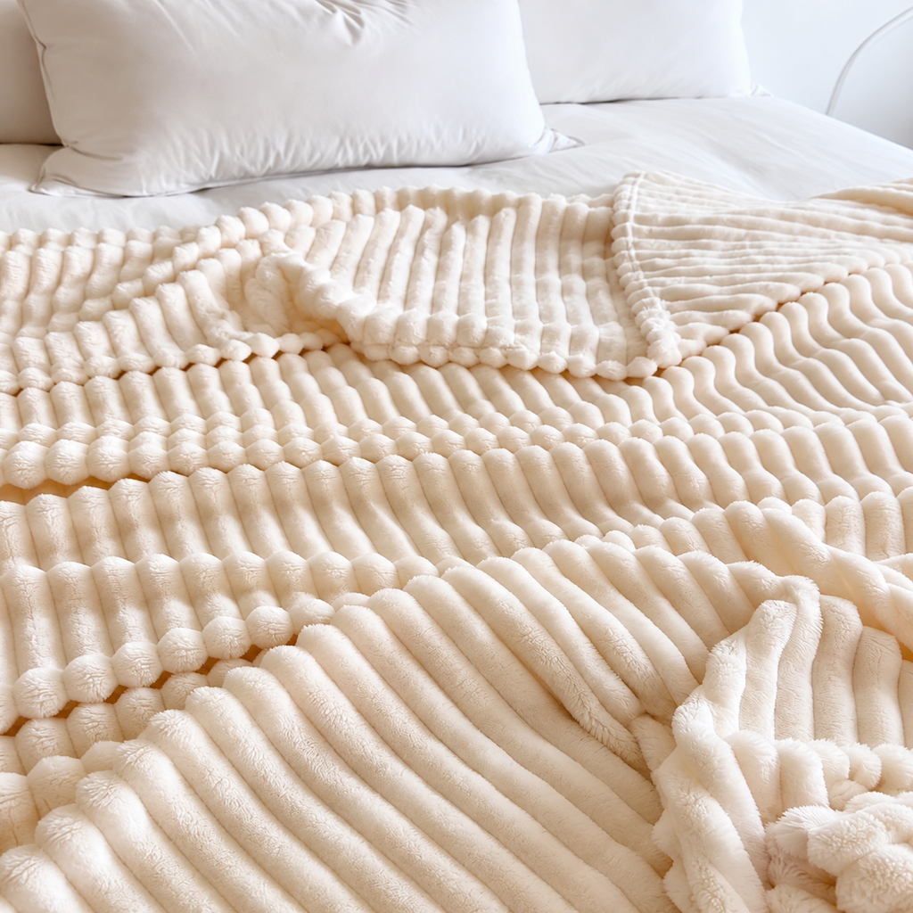 White ribbed flannel throw blanket close up on a bed