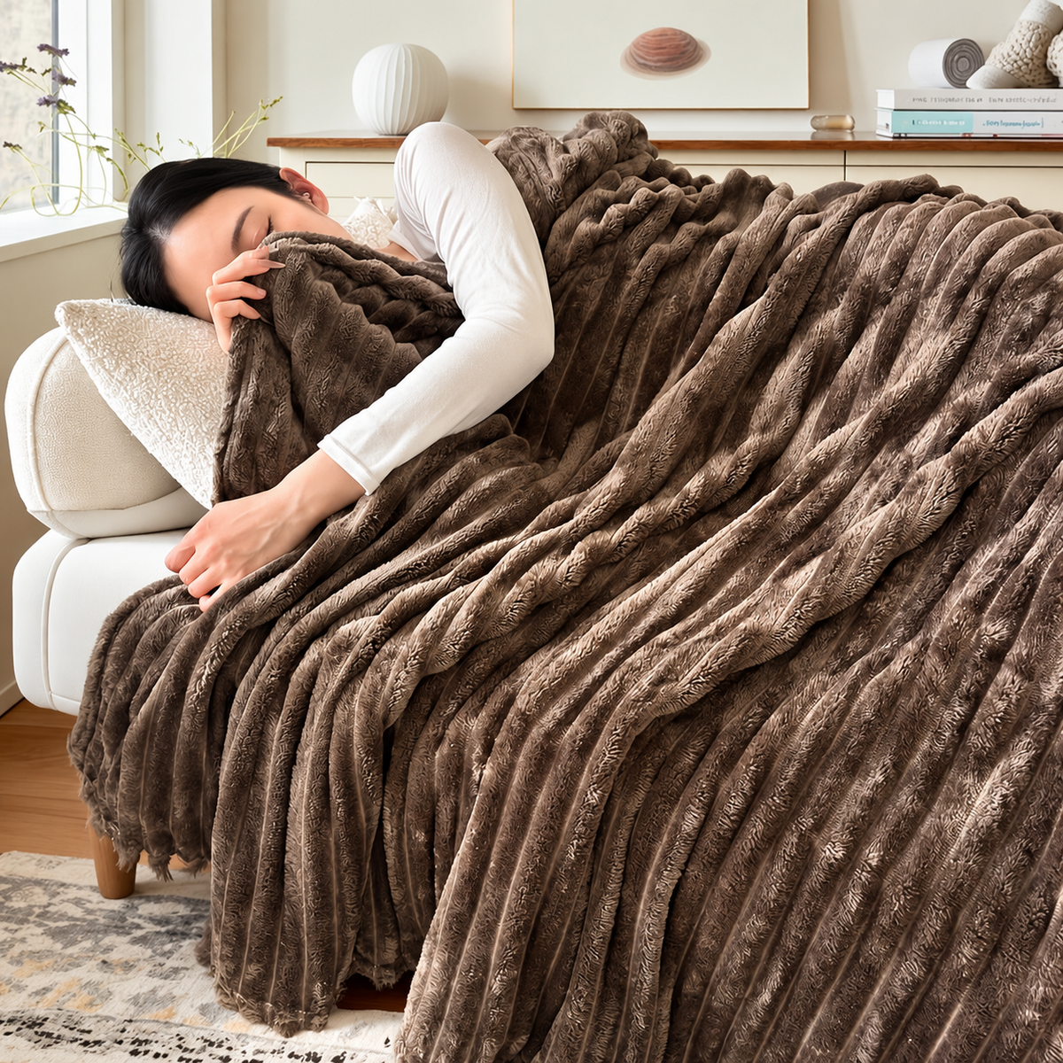 Coffee ribbed flannel throw blanket covering a resting woman