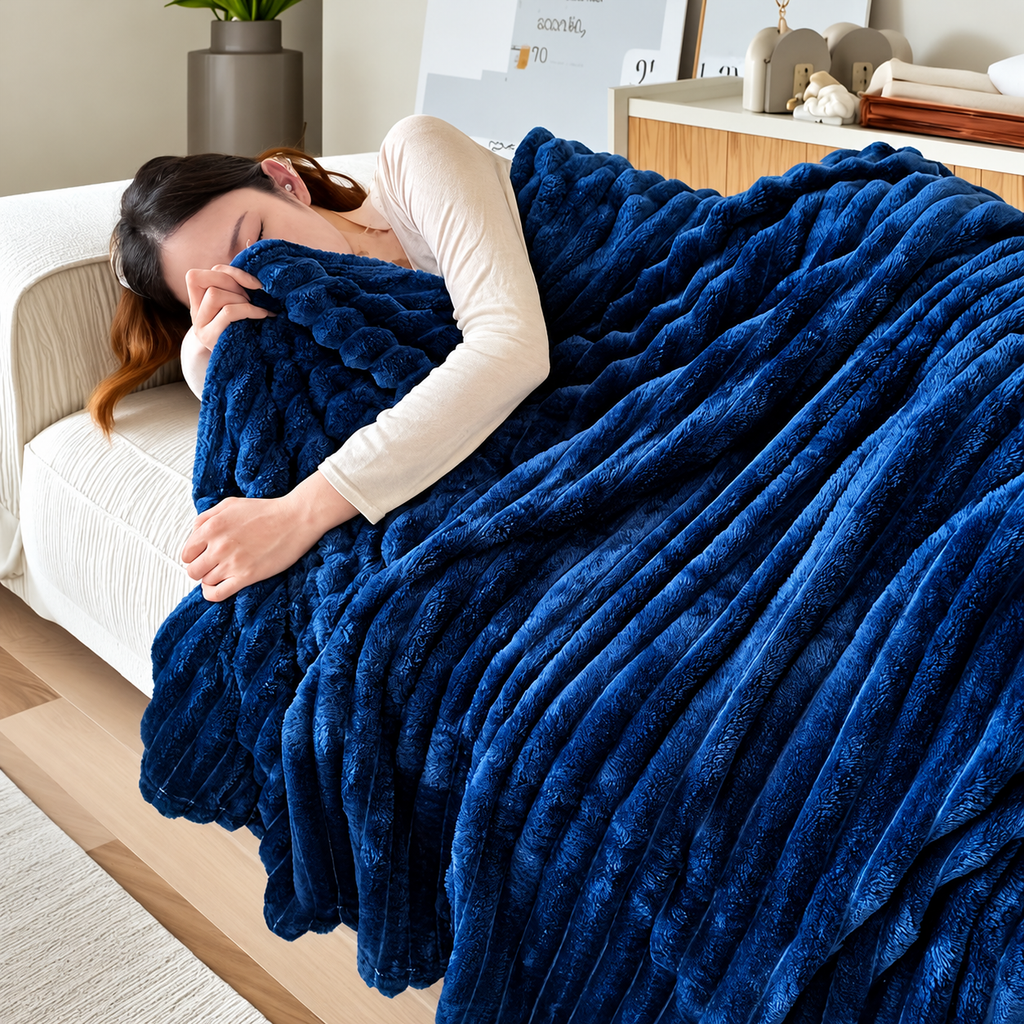 Blue ribbed flannel throw blanket covering a resting woman