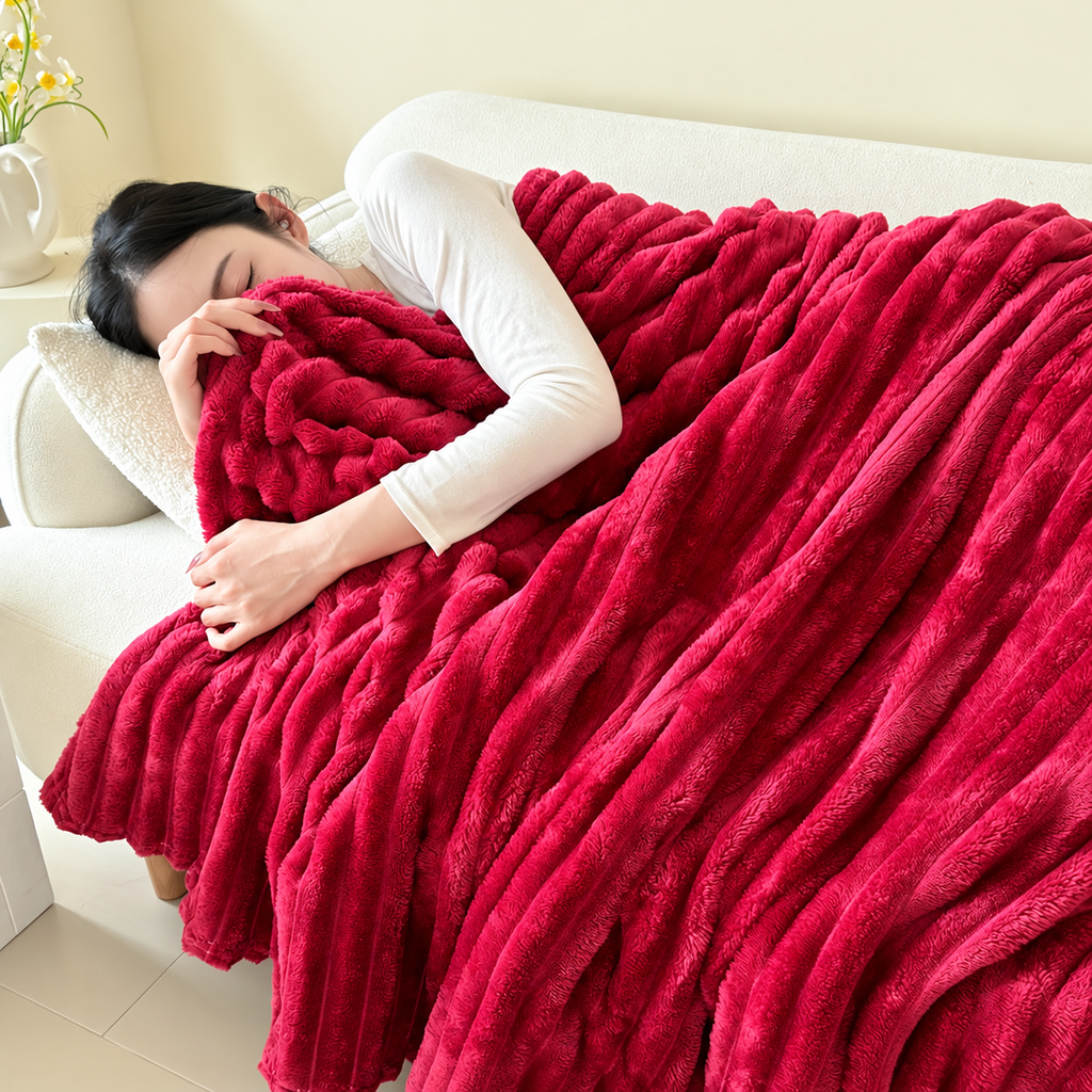 Red ribbed flannel throw blanket covering a resting woman
