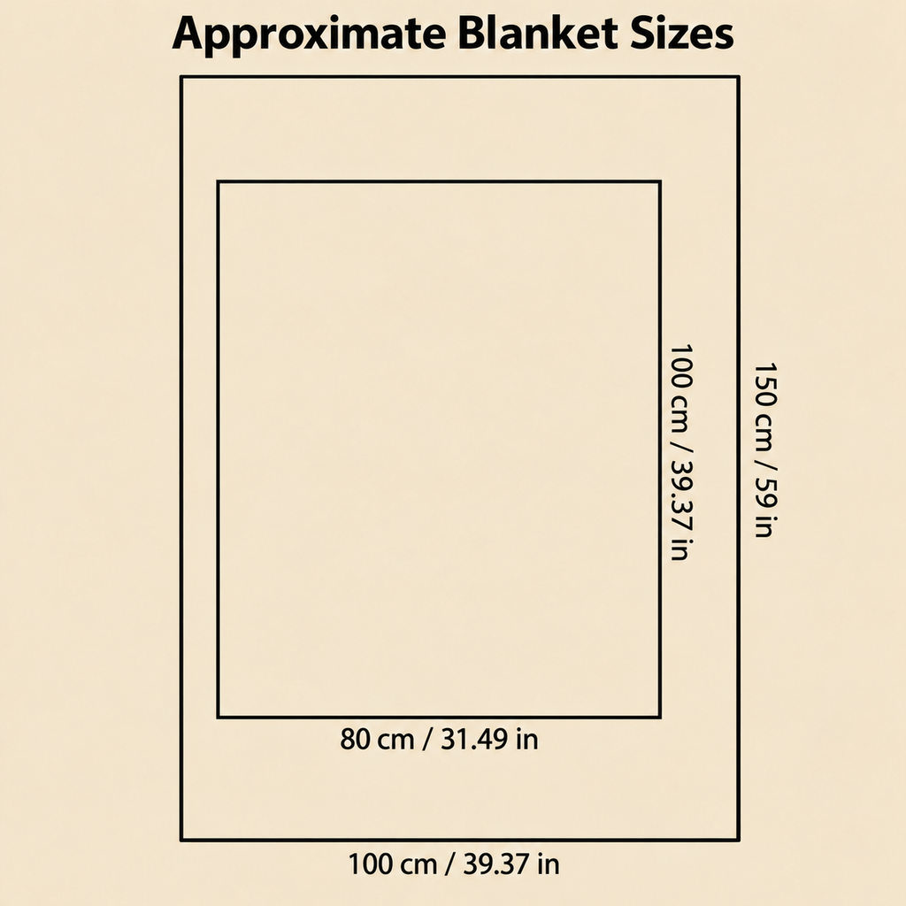 Fleece throw blanket size diagram showing 80 by 100 and 100 by 150 centimeter dimensions