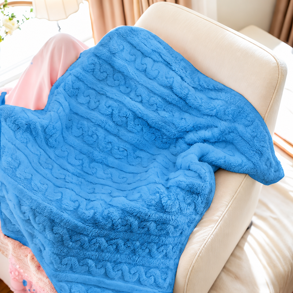 Blue fleece throw blanket with a raised pattern draped over a cream chair