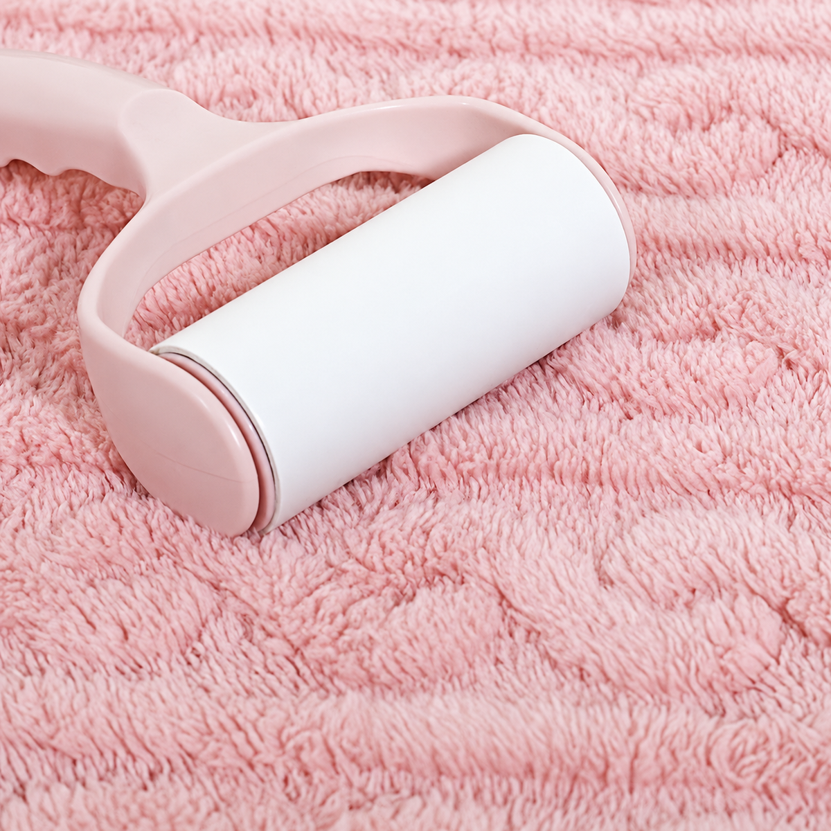 Pink fleece throw blanket fabric close up beside a lint roller