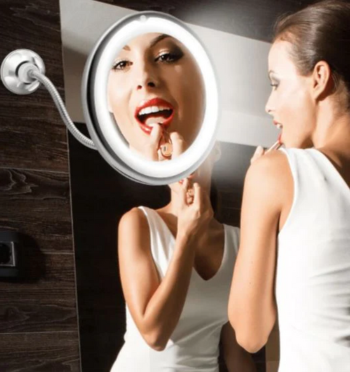 Flexible Suction Makeup Mirror | 10X Magnification, LED Light, Adjustable Gooseneck, White