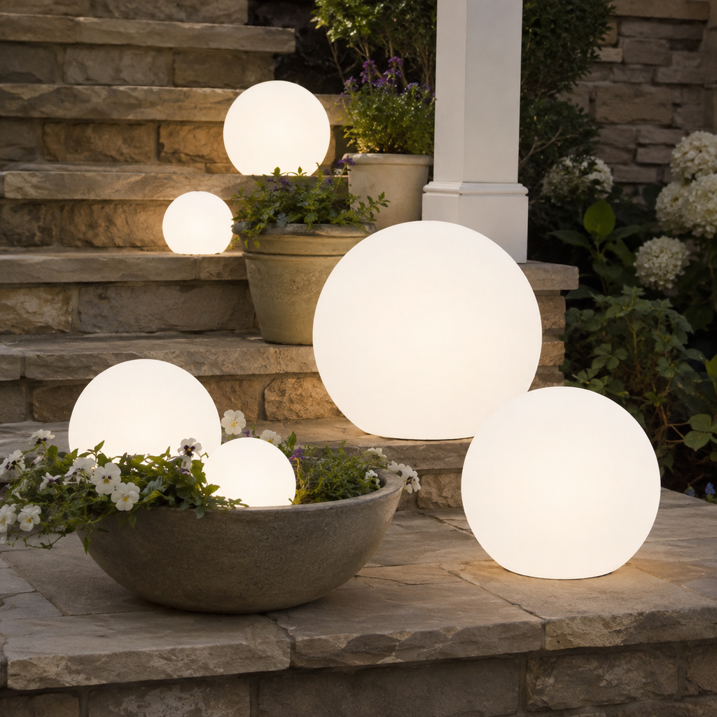 White floating pool light with smooth round PVC shell
