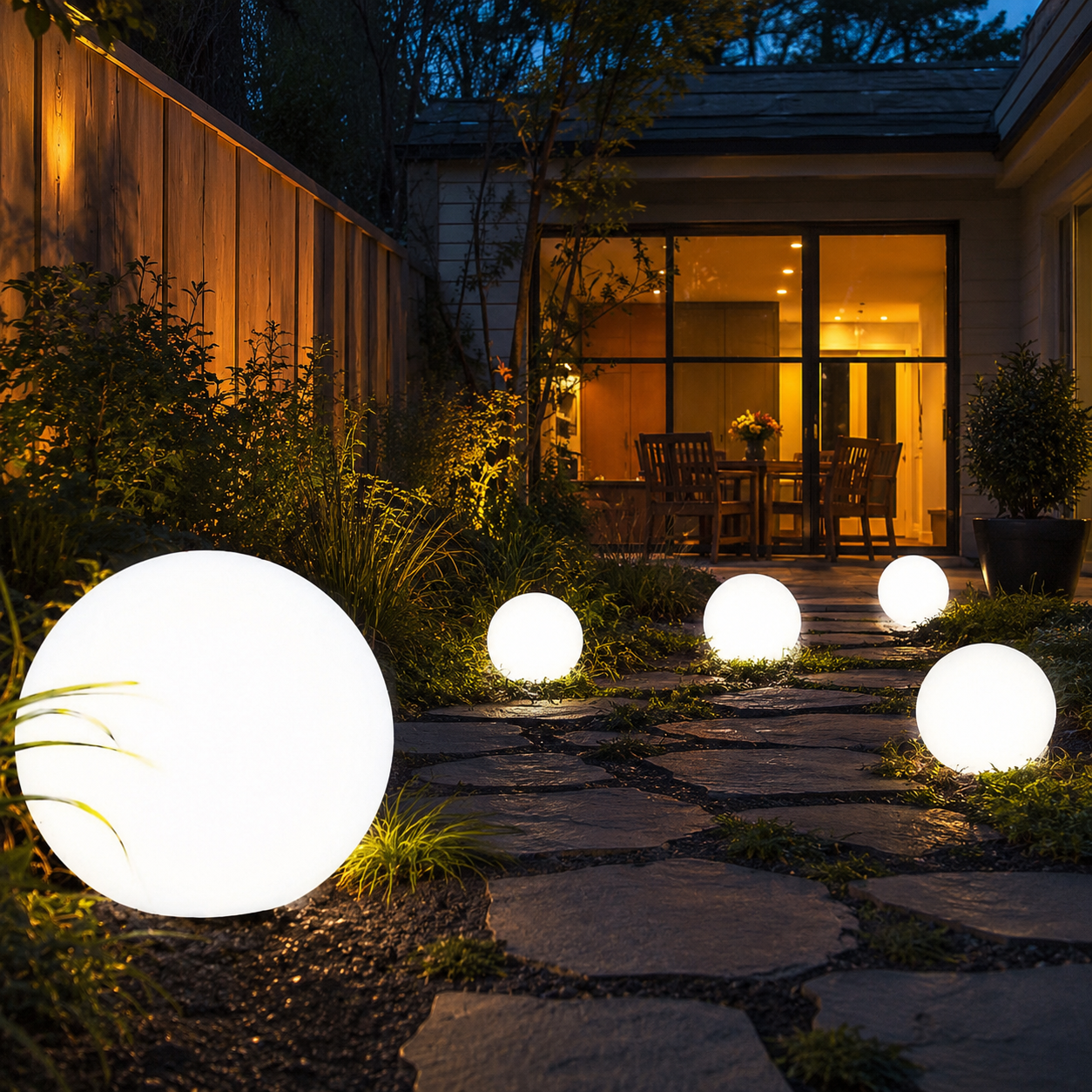RGB floating globe lights in multiple sizes beside a swimming pool
