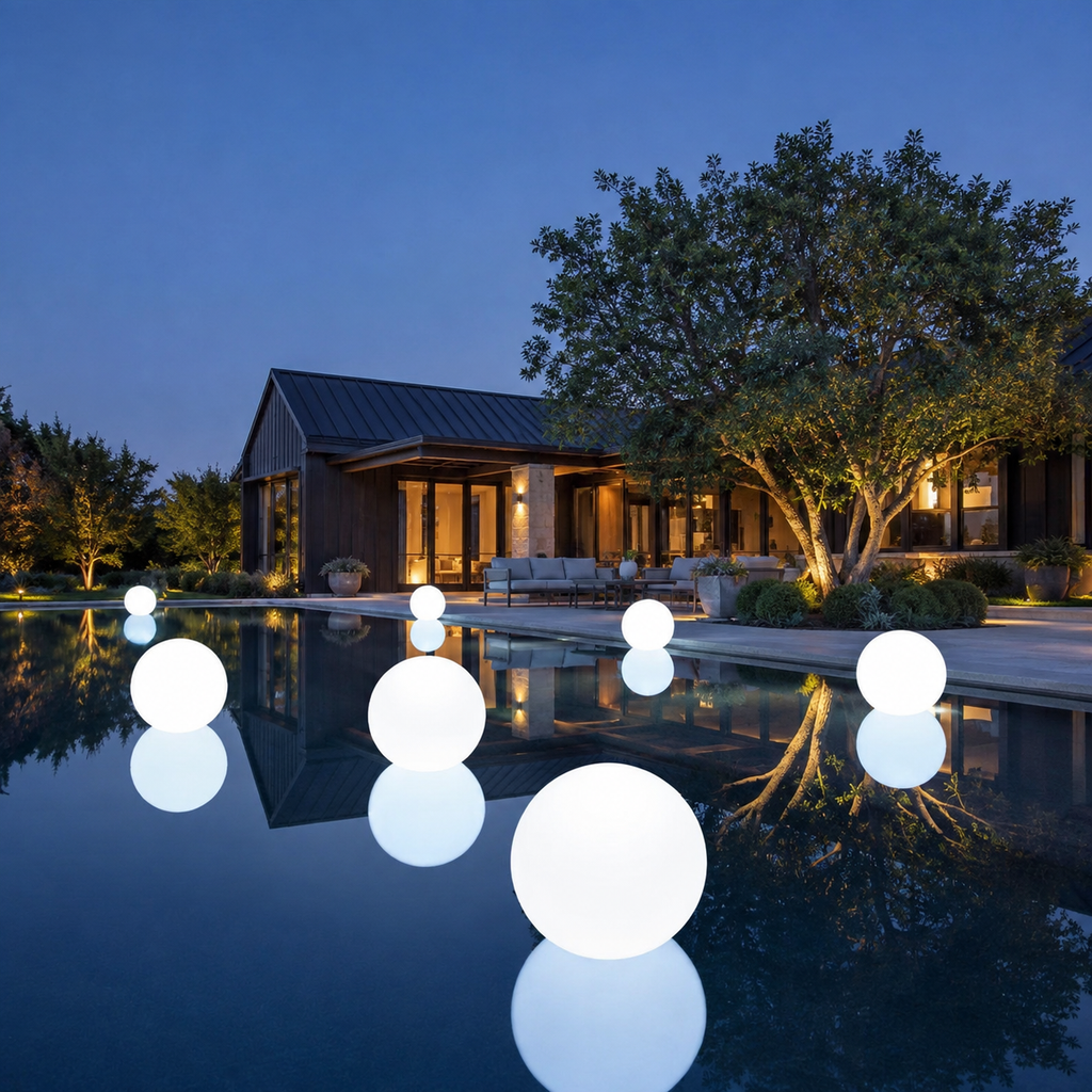 White waterproof globe light on a garden lawn at dusk