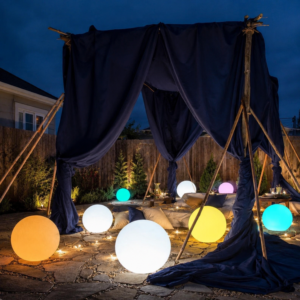 Rechargeable RGB globe light with remote control on a patio
