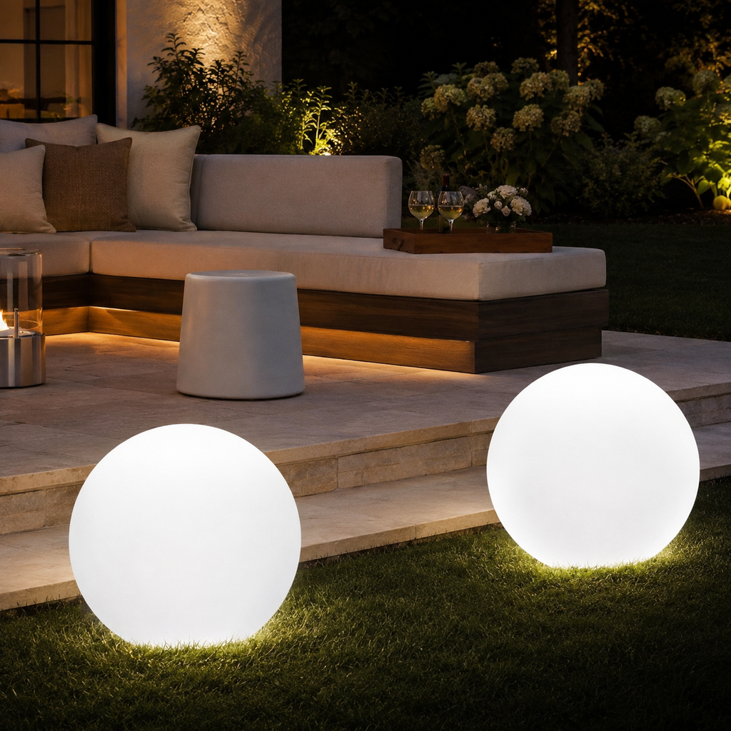 Large illuminated white globe light beside outdoor lounge furniture