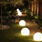 Waterproof PVC globe lamp lighting a landscaped garden path