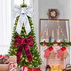 Flocked Christmas Bow — white and burgundy bows on a Christmas tree