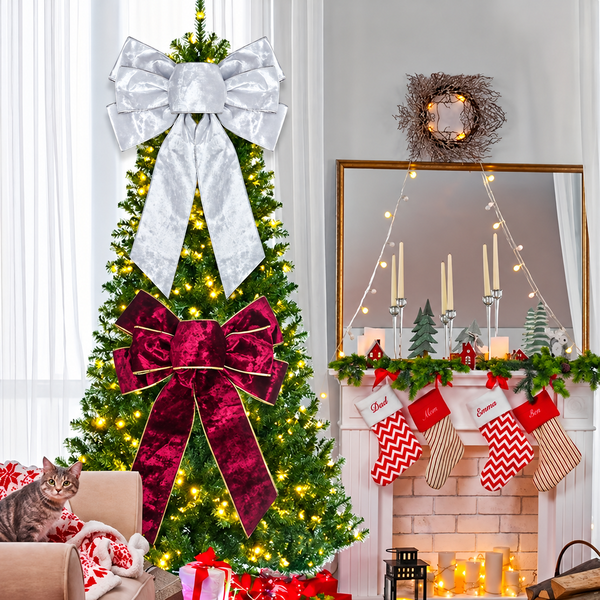 Flocked Christmas Bow — white and burgundy bows on a Christmas tree