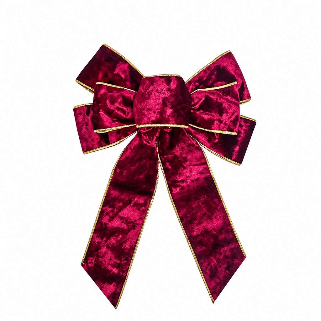 Flocked Christmas Bow — burgundy bow with metallic edging